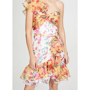 NWT Marchesa Notte One Shoulder Asymmetric Floral Twisted Ruffle Mini Dress 6(S)